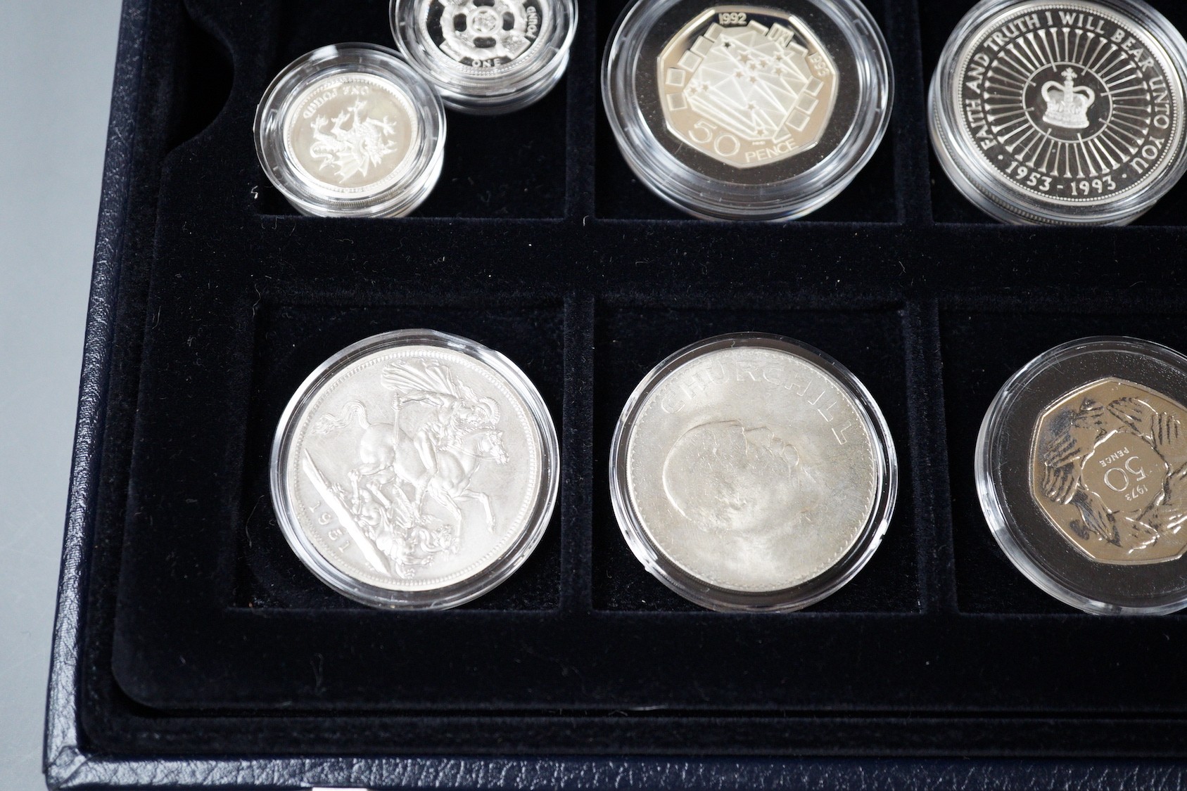 A group of Royal Mint UK commemorative silver proof coins, including 1996 Northern Ireland £1, 1983 royal arms £1, 1995 Welsh £1, 2005 Dictionary 250th anniversary coin, four minute mile 50p, 1997 £2, 50th anniversary D